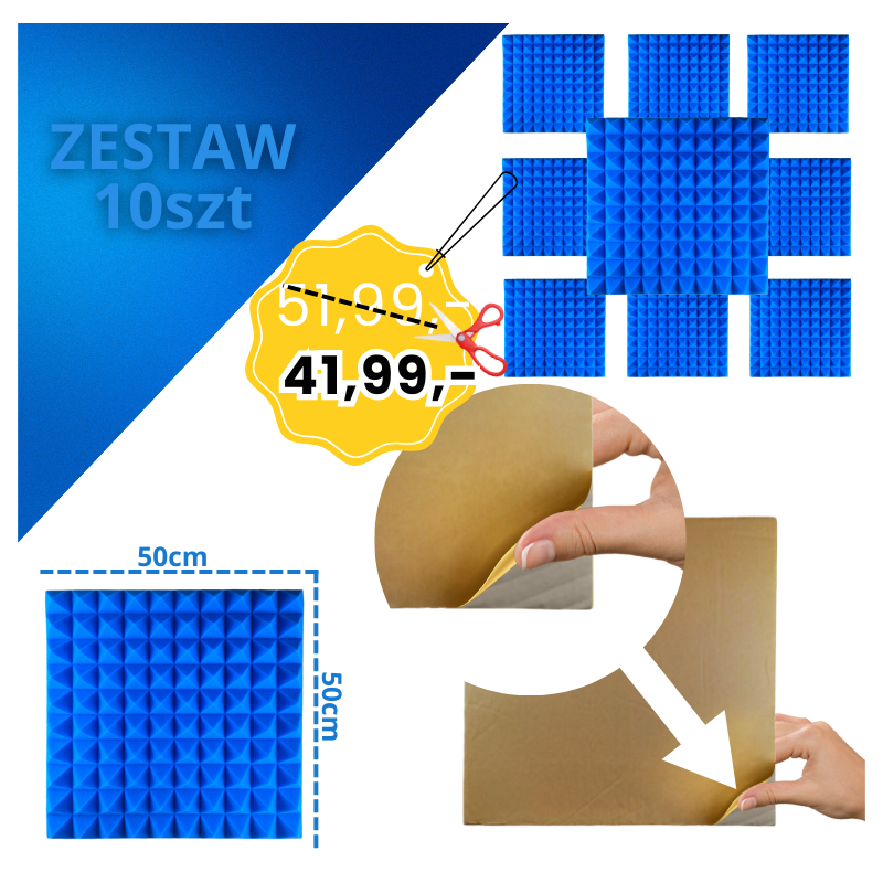 DNA AM2 BL panel akustyczny zestaw 10 szt. niebieski samoprzylepna pianka mata wygłuszająca redukcja echa pogłosu