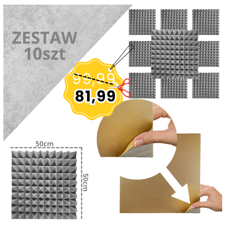 DNA AM2 GY panel akustyczny zestaw 10 szt. szary samoprzylepna pianka mata wygłuszająca redukcja echa pogłosu