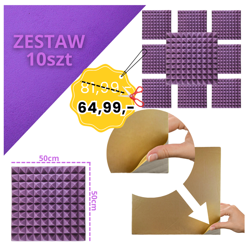 DNA AM2 PR panel akustyczny zestaw 10 szt. fioletowy samoprzylepna pianka mata wygłuszająca redukcja echa pogłosu