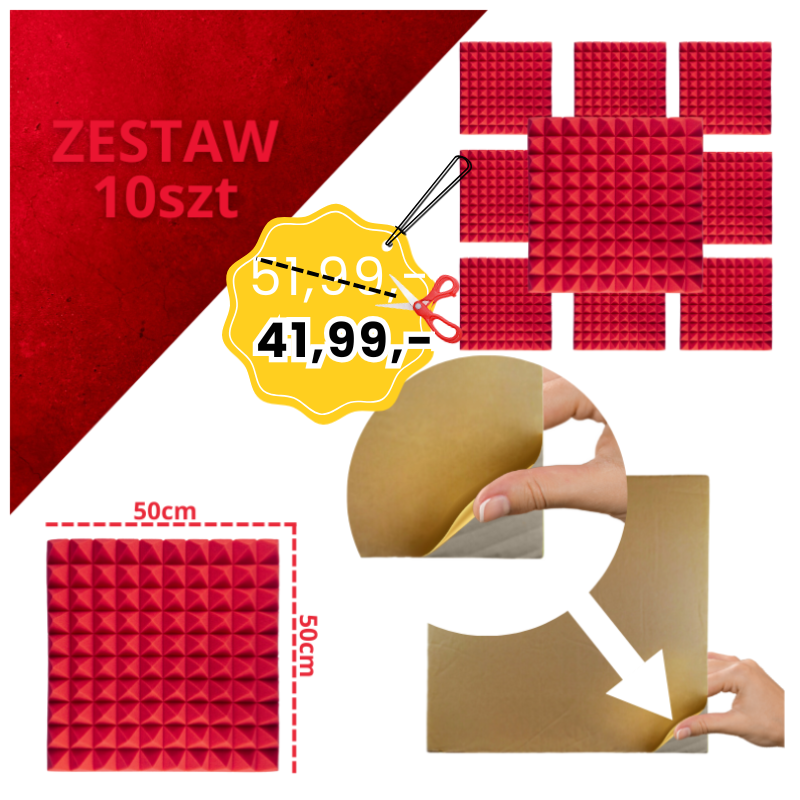 DNA AM2 RD panel akustyczny zestaw 10 szt. czerwony samoprzylepna pianka mata wygłuszająca redukcja echa pogłosu