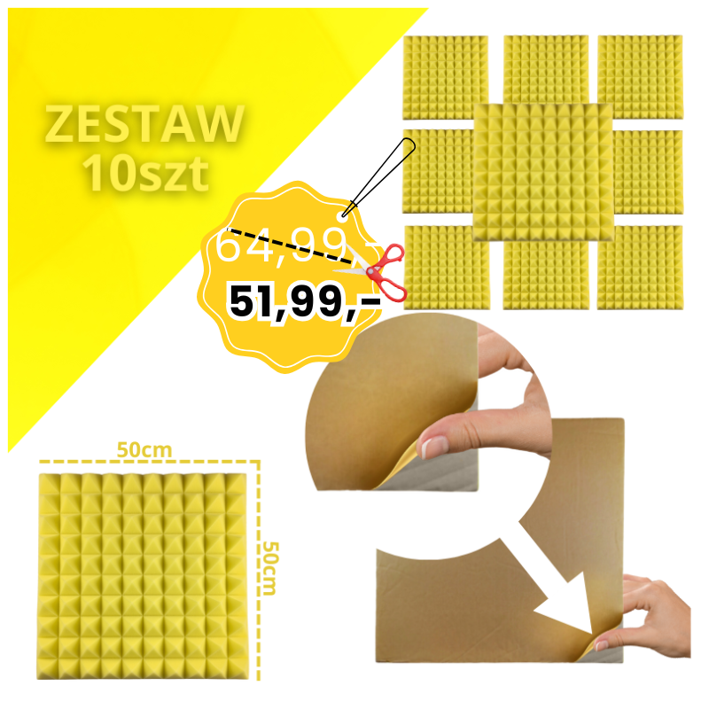 DNA AM2 YL panel akustyczny zestaw 10 szt. żółty samoprzylepna pianka mata wygłuszająca redukcja echa pogłosu