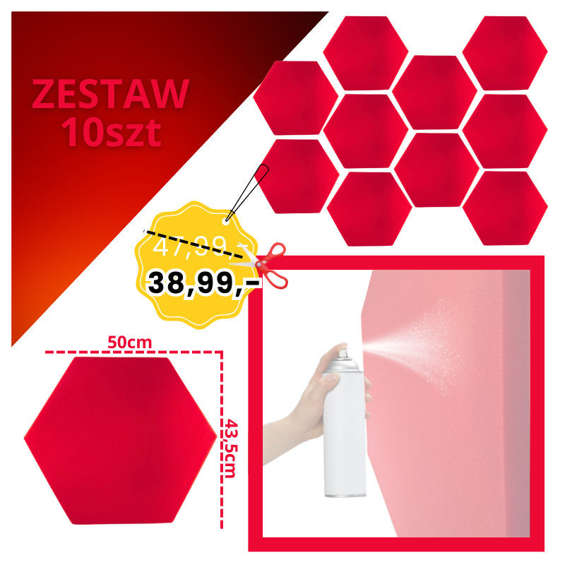DNA AM3 RD panel akustyczny zestaw 10 szt. czerwony sześciokątny pianka mata wygłuszająca redukcja echa pogłosu