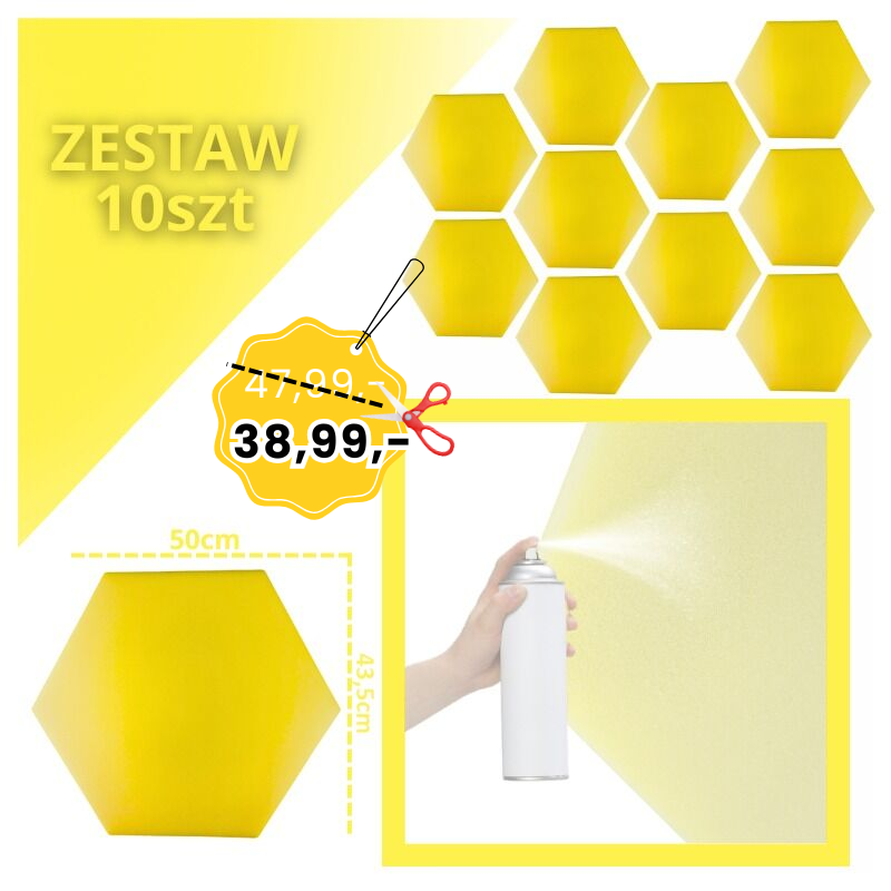 DNA AM3 YL panel akustyczny zestaw 10 szt. żółty sześciokątny pianka mata wygłuszająca redukcja echa pogłosu