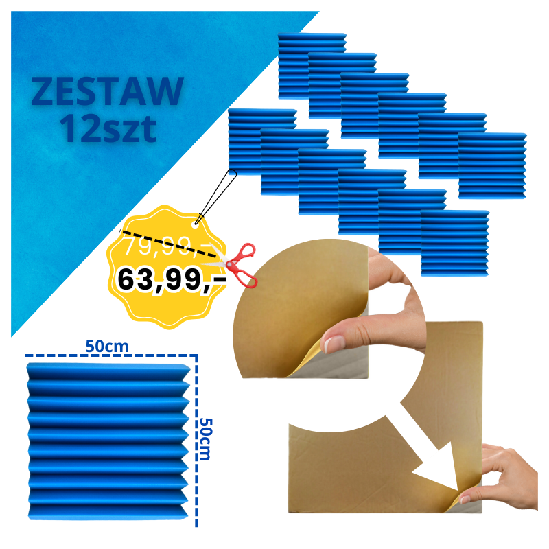 DNA AM4 BL panel akustyczny zestaw 12 szt. niebieski samoprzylepna pianka mata wygłuszająca redukcja echa pogłosu