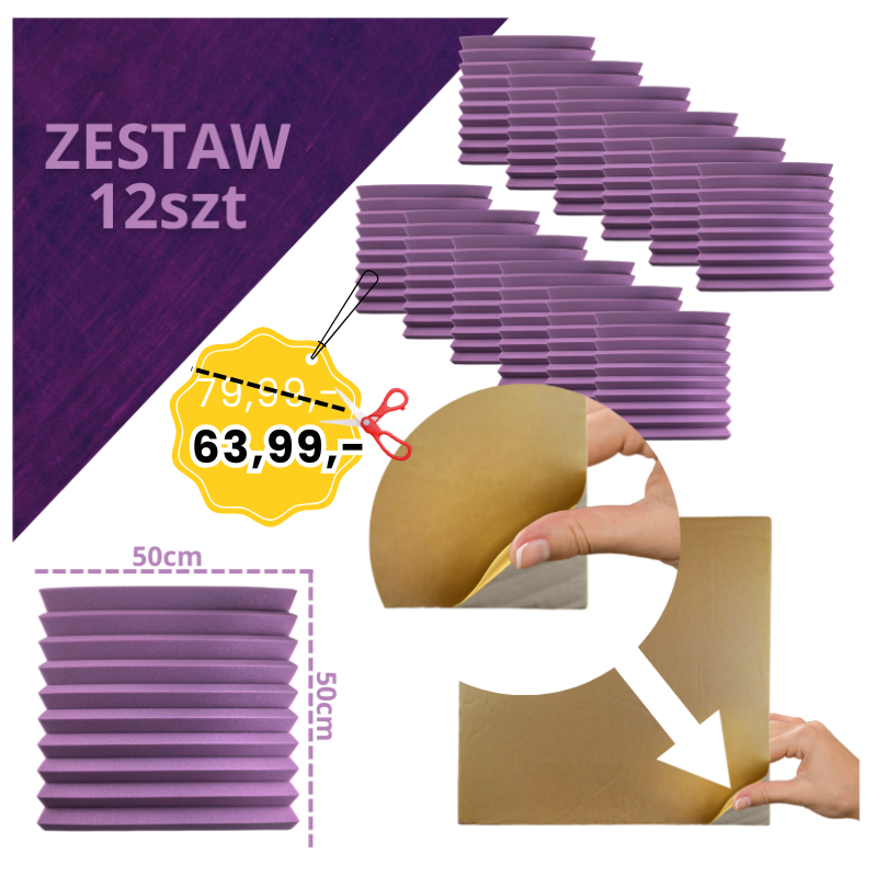 DNA AM4 PR panel akustyczny zestaw 12 szt. fioletowy samoprzylepna pianka mata wygłuszająca redukcja echa pogłosu