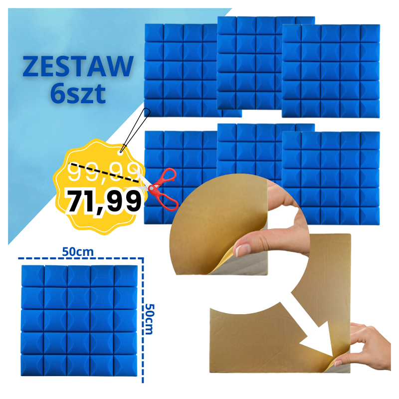 DNA AM5 BL panel akustyczny zestaw 6 szt. niebieski samoprzylepna pianka mata wygłuszająca redukcja echa pogłosu