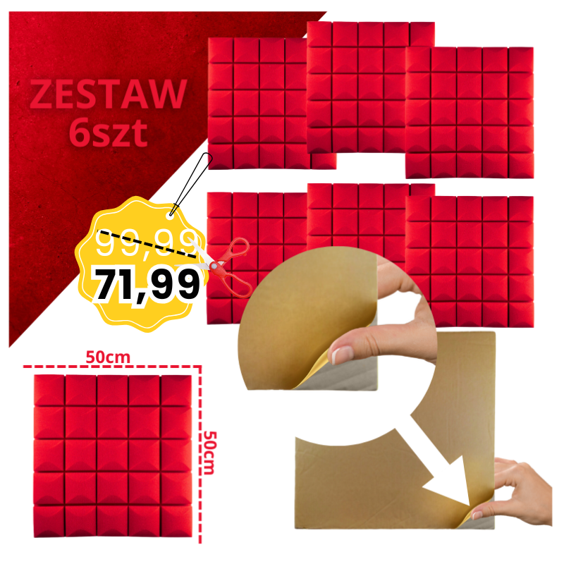 DNA AM5 RD panel akustyczny zestaw 6 szt. czerwony samoprzylepna pianka mata wygłuszająca redukcja echa pogłosu