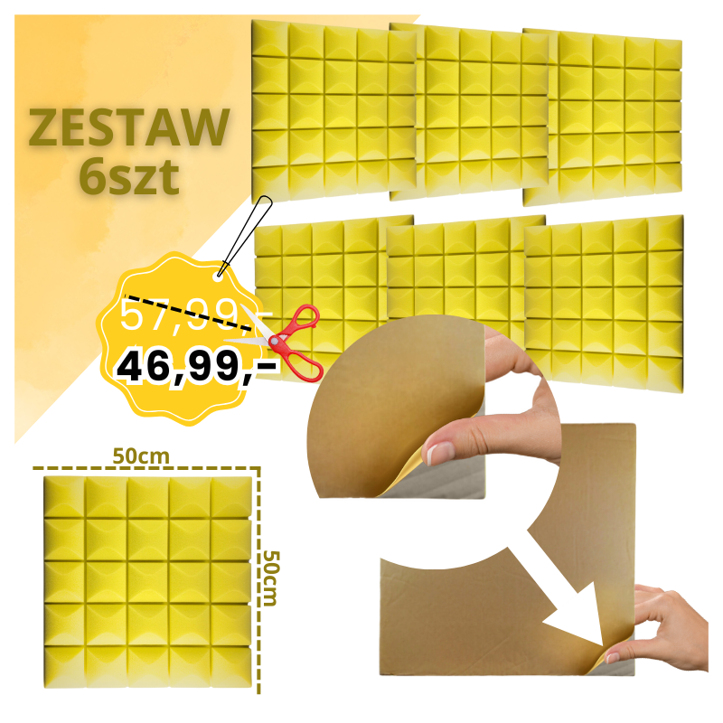 DNA AM5 YL panel akustyczny zestaw 6 szt. żółty samoprzylepna pianka mata wygłuszająca redukcja echa pogłosu