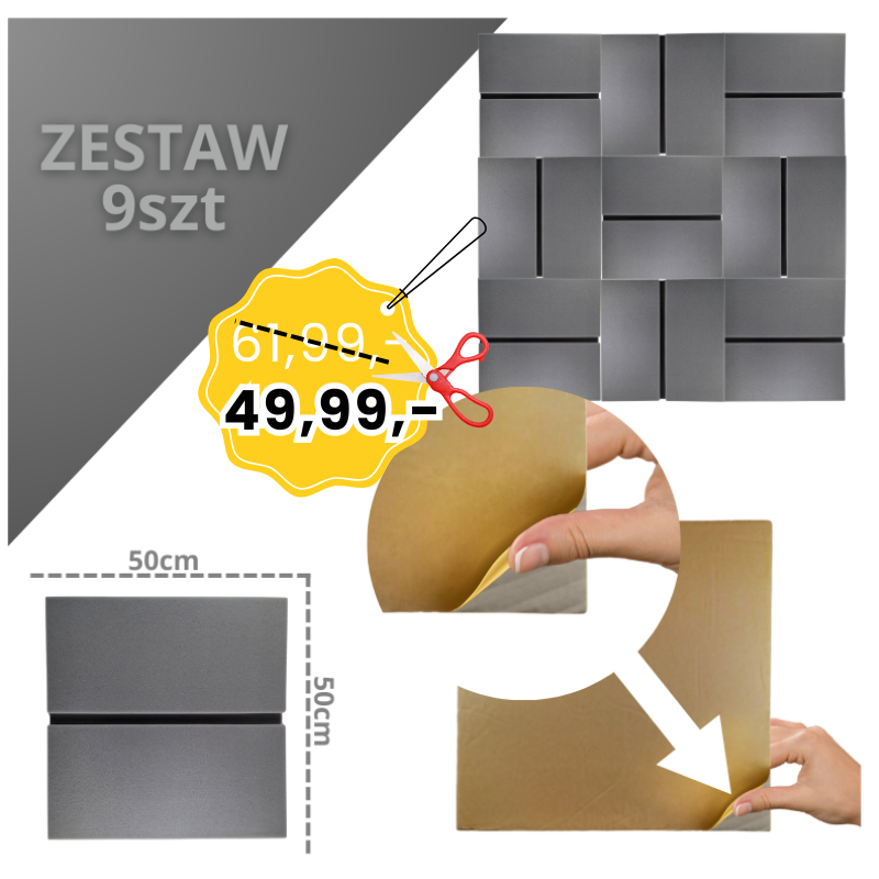 DNA AM6 GY panel akustyczny zestaw 9 szt. szary z fazą samoprzylepna pianka mata wygłuszająca redukcja echa pogłosu