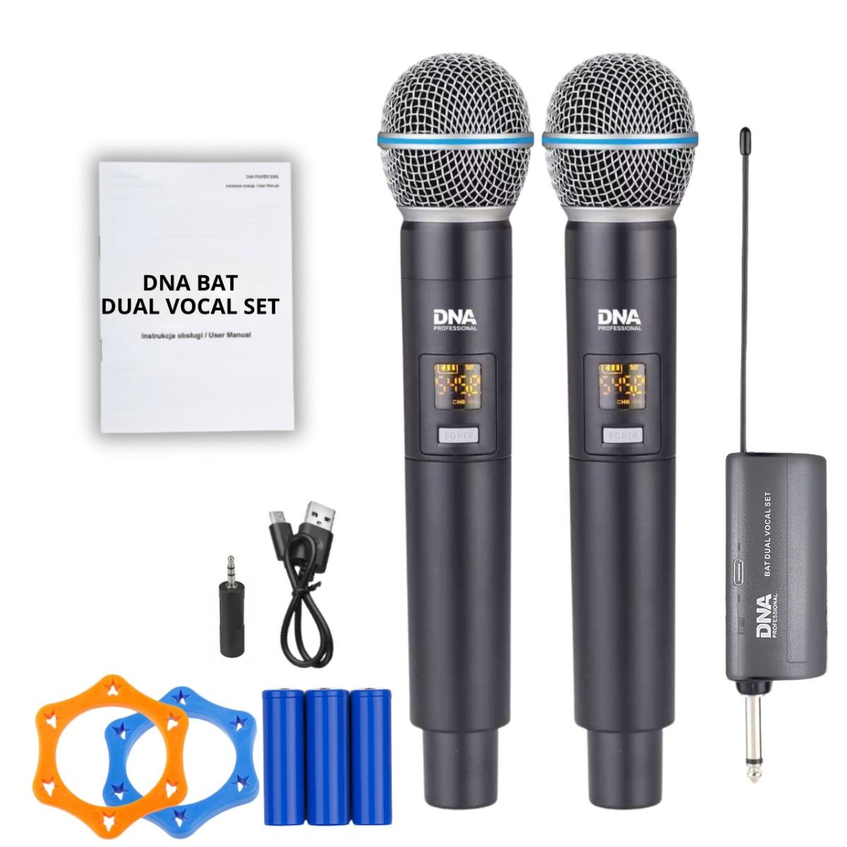 DNA BAT DUAL VOCAL SET zestaw bezprzewodowy akumulatorowy 2x mikrofon doręczny odbiornik UHF 518-542 MHz pierścień przeciw toczeniu adapter jack 6,35 mm - jack 3,5 mm 2x osłona przeciwwietrzna