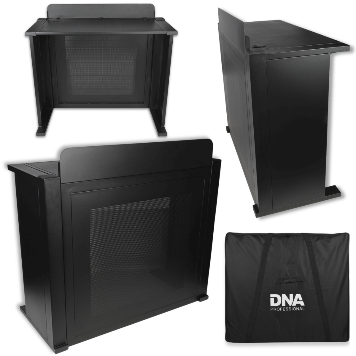 DNA DJ BOOTH MESH BK stanowisko DJ stół czarny stalowy siatka perforowana osłona blatu pokrowiec transportowy zestaw do 50 kg