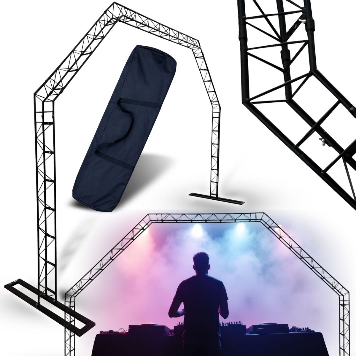 DNA DJ GATE rampa oświetleniowa statyw DJ brama wolnostojąca konstrukcja sceniczna łuk do 25 kg stal czarna 2x podstawa torba transportowa zestaw