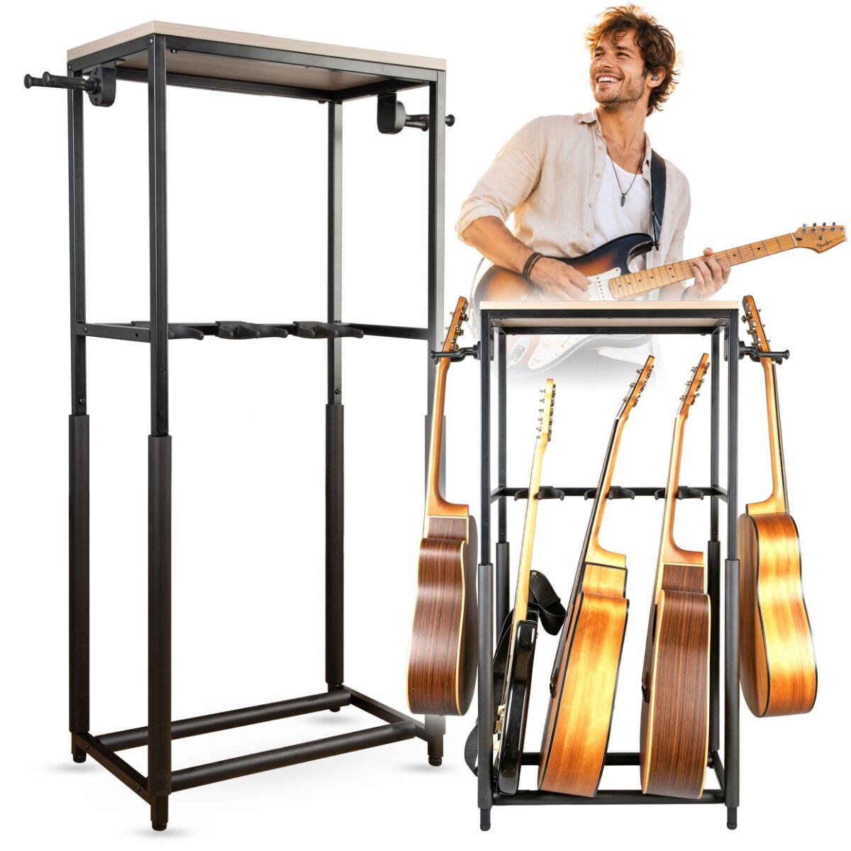 DNA GBOX statyw gitarowy stojak na 5 gitar stacjonarny stalowy czarny półka na akcesoria 3 separatory 2 uchwyty boczne z grawitacyjną blokadą ramion 120 cm do 60 kg zestaw