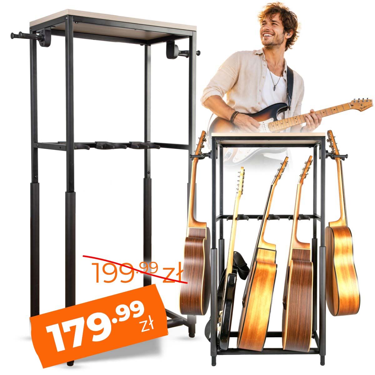 DNA GBOX statyw gitarowy stojak na 5 gitar stacjonarny stalowy czarny półka na akcesoria 3 separatory 2 uchwyty boczne z grawitacyjną blokadą ramion 120 cm do 60 kg zestaw