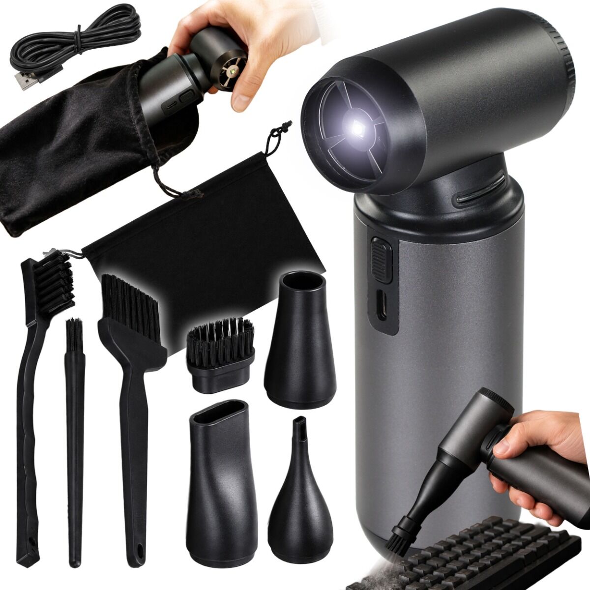 DNA HB 2 dmuchawa elektryczna akumulatorowa bezprzewodowa USB-C kompresor sprężone powietrze do czyszczenia kurzu elektroniki głowic 160W 130000 obr./min 3 dysze 3 szczotki etui transportowe zestaw