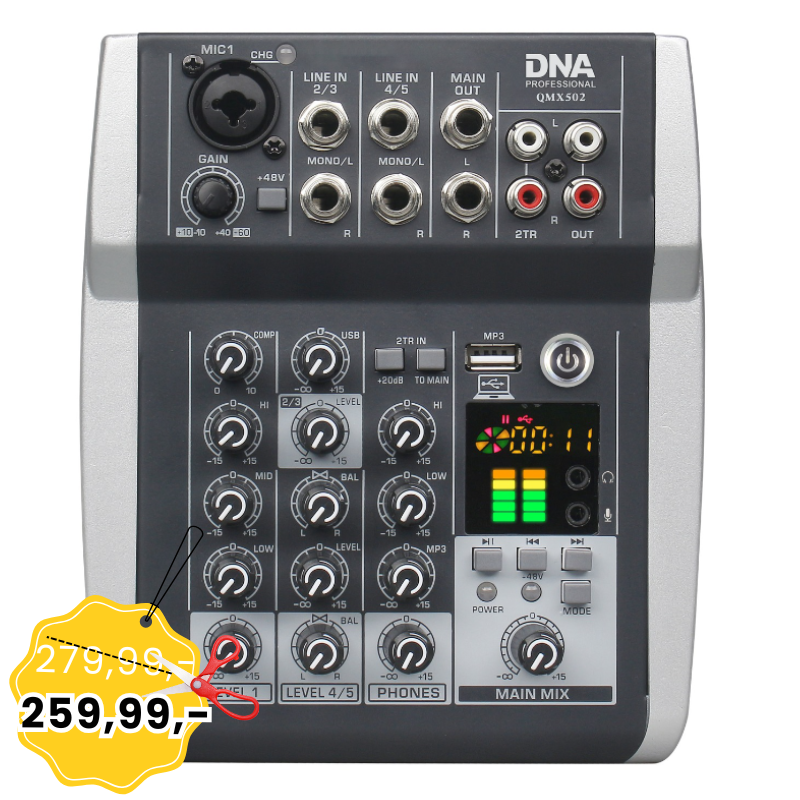 DNA QMX502 analogowy mikser dźwięku 5 kanałów Bluetooth USB MP3 Phantom +48V akumulator 2500 mAh