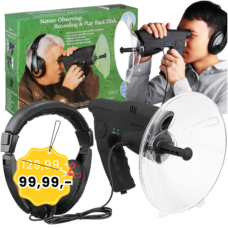 DNA RMIC1 mikrofon kierunkowy nasłuchowy bateryjny nagrywanie 125 m 8x zoom antena paraboliczna słuchawki ściereczka zestaw 