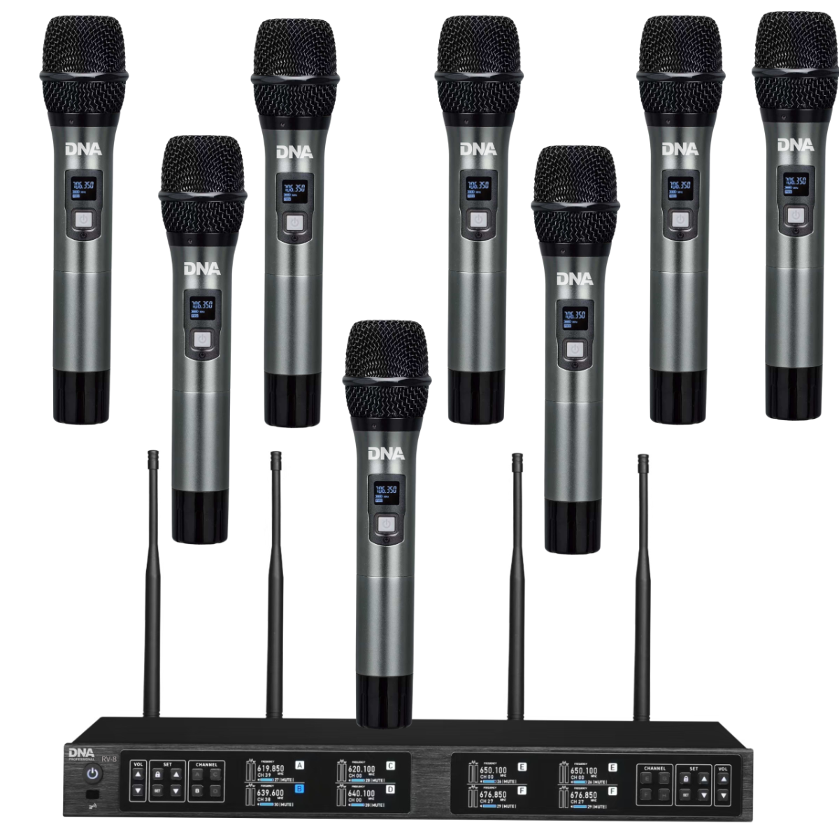 DNA RV-8 zestaw bezprzewodowy 8x bateryjny mikrofon doręczny odbiornik UHF 610-690 MHz 8x40 kanałów