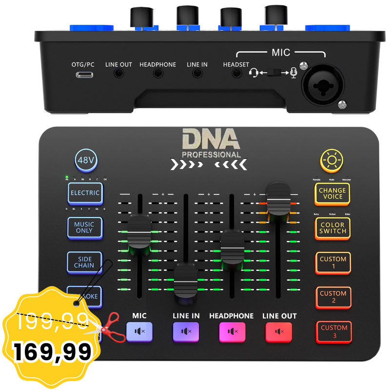 DNA SC ONE analogowy mikser audio 2 kanały USB-C Phantom podświetlenie RGB zmiana głosu pogłos personalizowane efekty dźwiękowe