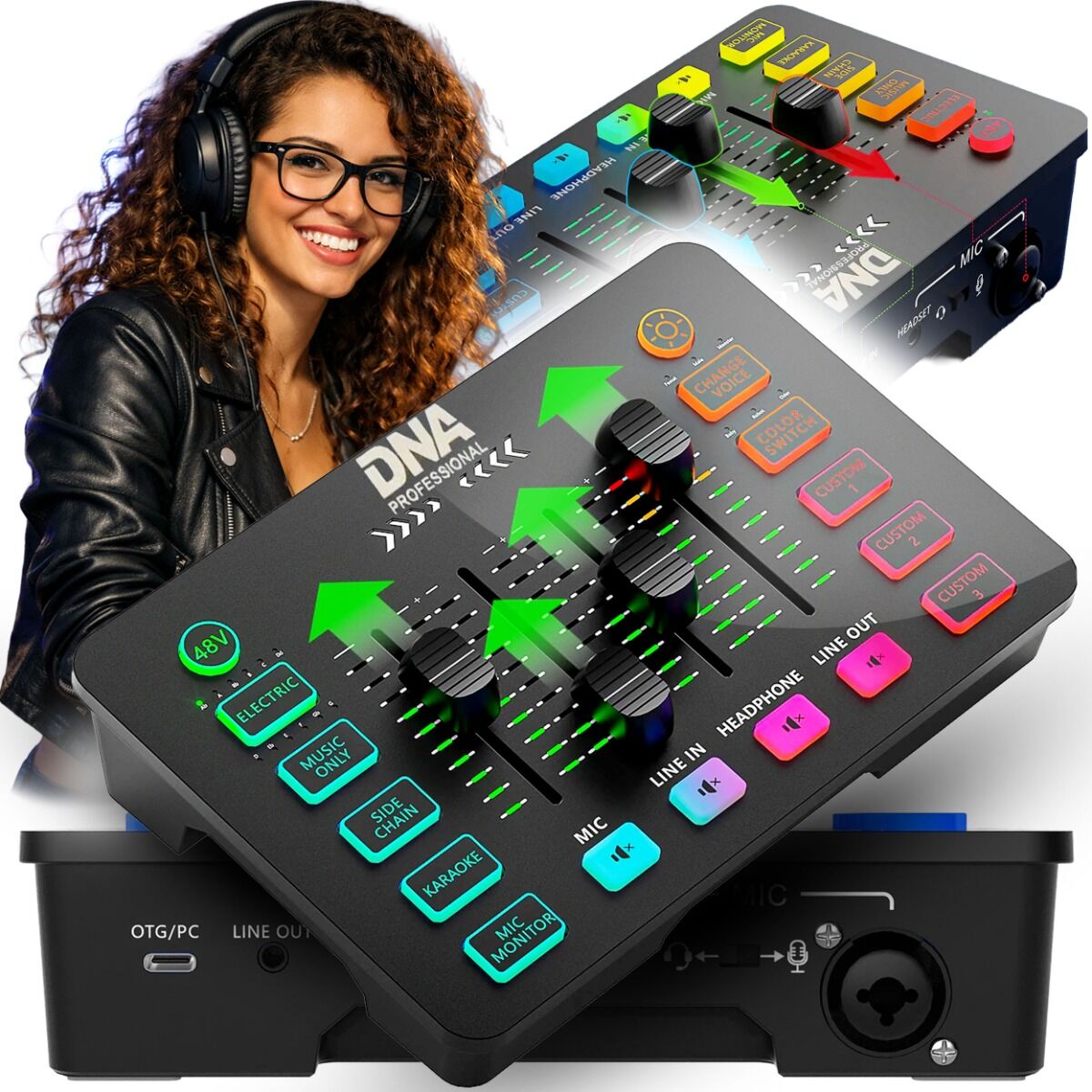 DNA SC ONE analogowy mikser audio 2 kanały USB-C Phantom podświetlenie RGB zmiana głosu pogłos personalizowane efekty dźwiękowe