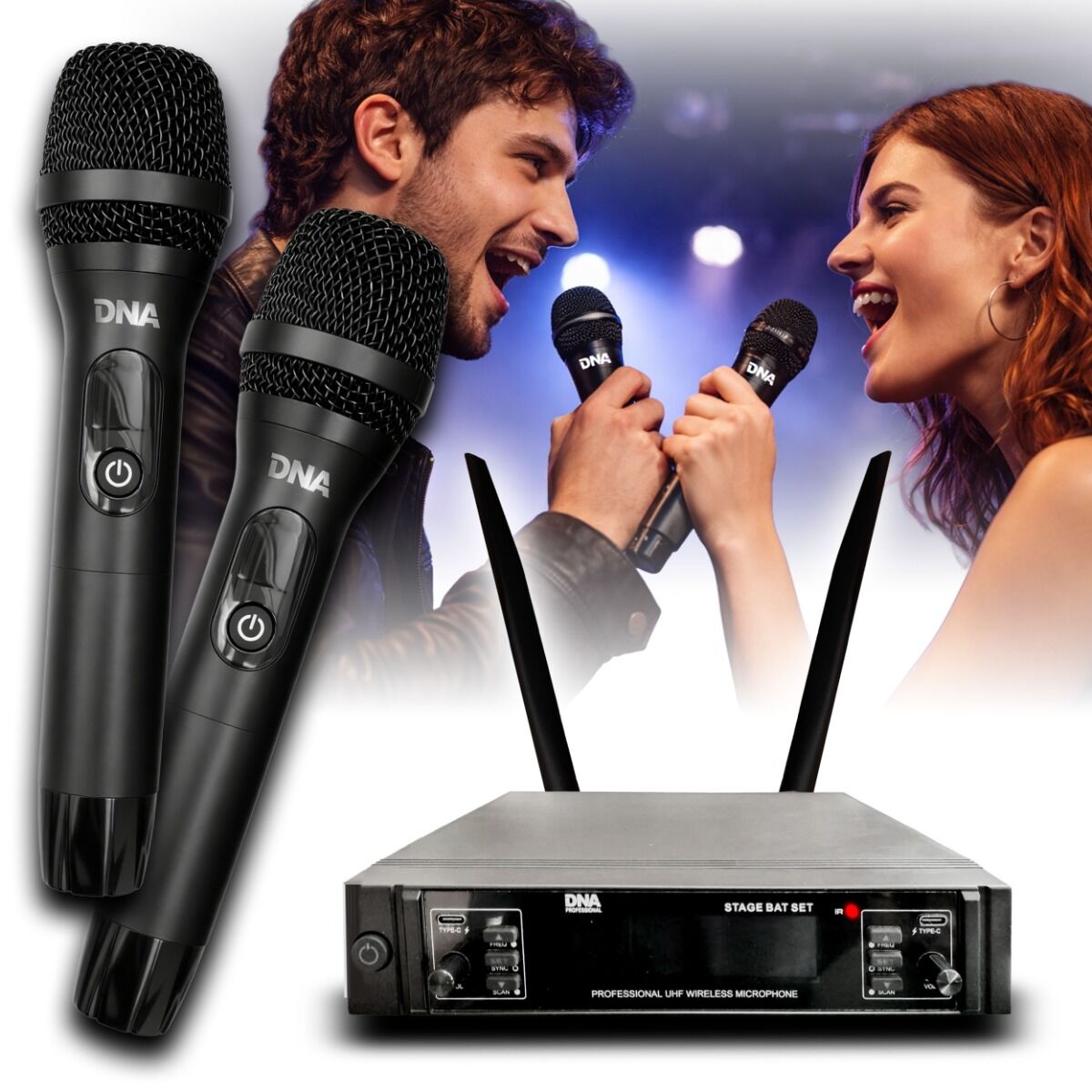 DNA STAGE BAT SET zestaw bezprzewodowy 2x akumulatorowy mikrofon doręczny odbiornik UHF 518-542 MHz 2x48 kanałów 2x wyjście zasilania USB-C