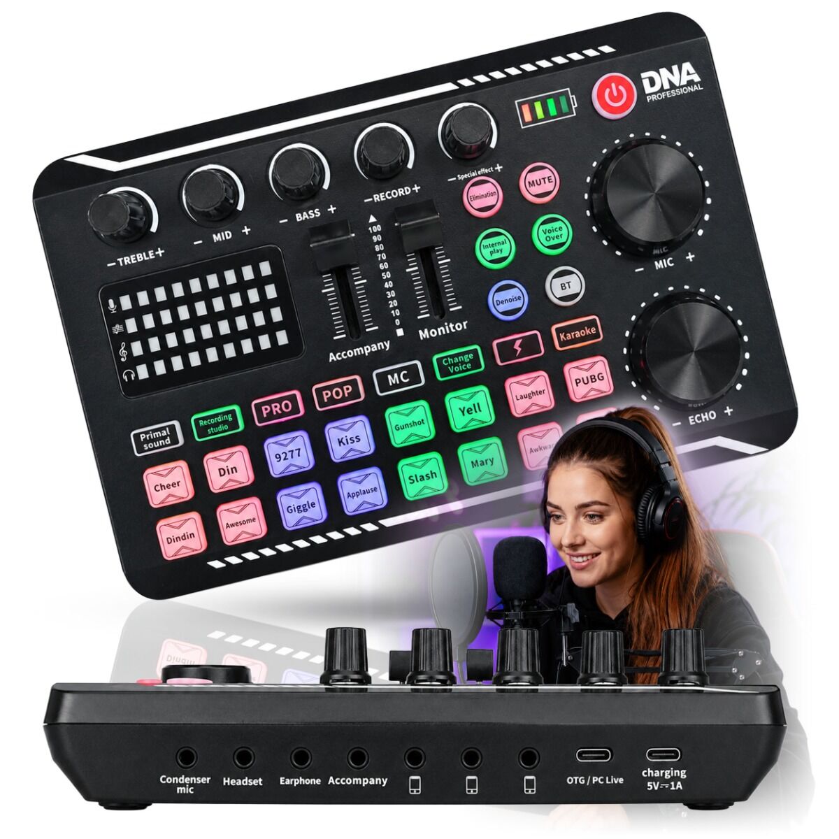 DNA STUDIO CARD akumulatorowa zewnętrzna karta dźwiękowa interfejs audio USB-C Bluetooth do streamingu transmisji live podcastów nagrywania głosu karaoke 16 efektów dźwiękowych 8 presetów głosu 1200 mAh