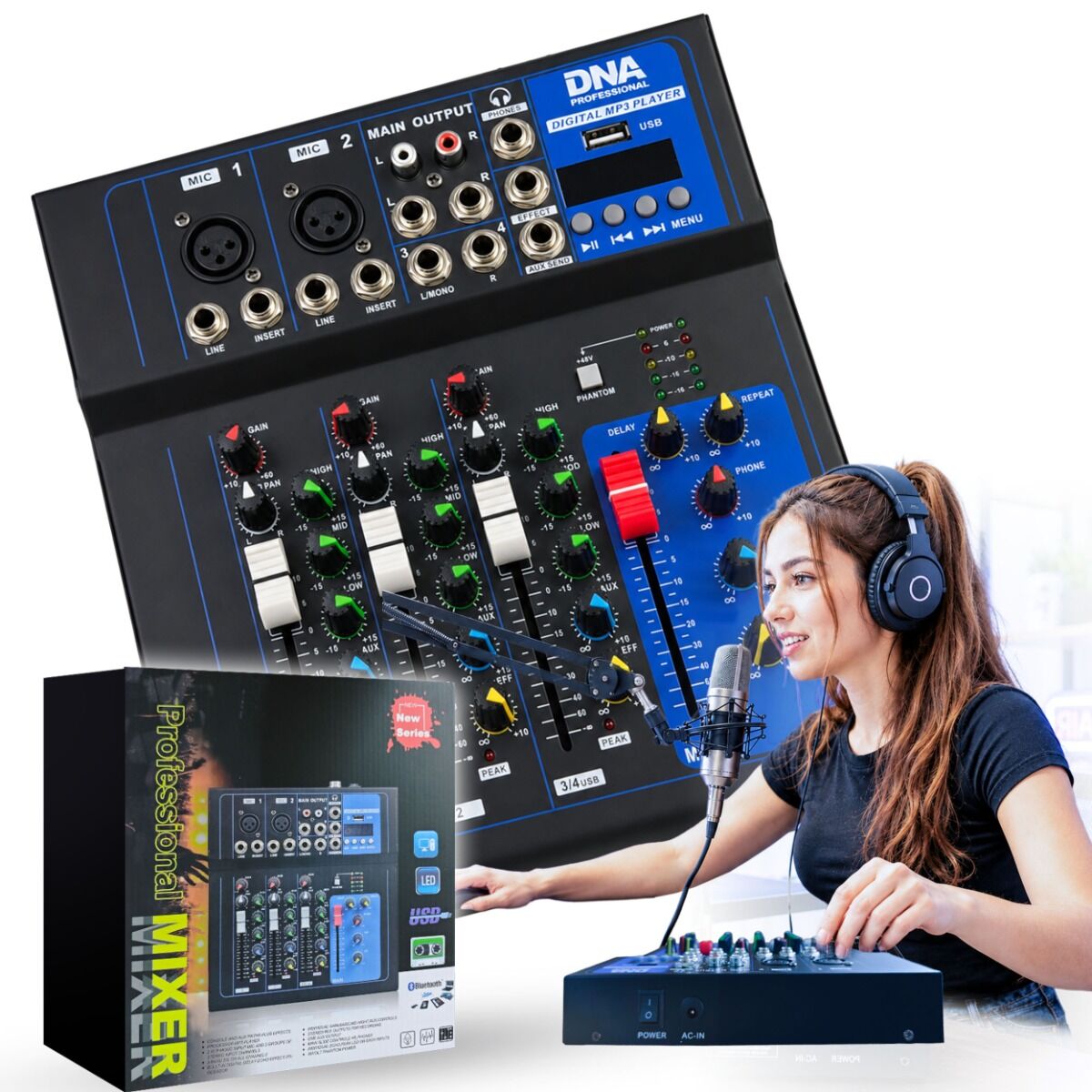 DNA T4MIX analogowy mikser dźwięku 4-kanałowy Bluetooth EQ odtwarzacz MP3 nagrywanie USB Phantom +48V efekt pogłosu zasilanie sieciowe