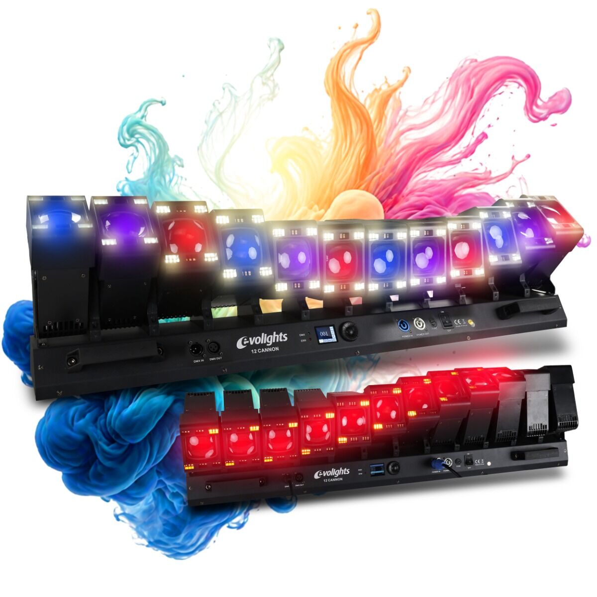 EVOLIGHTS 12 CANNON multiefekt oświetleniowy oświetlenie sceniczne LED DMX 12x głowica ruchoma beam 12x40W RGBW + 432x1W CW/WW 2x uchwyt montażowy omega