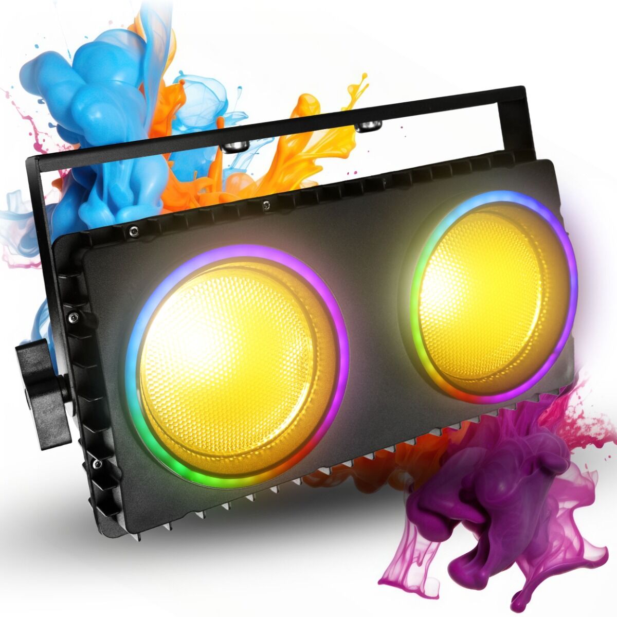 EVOLIGHTS BLINDER IP65 2x150W oświetlacz sceniczny LED DMX 2x150W CW/WW COB + 72x0,3W RGB efekt ring uchwyt montażowy omega