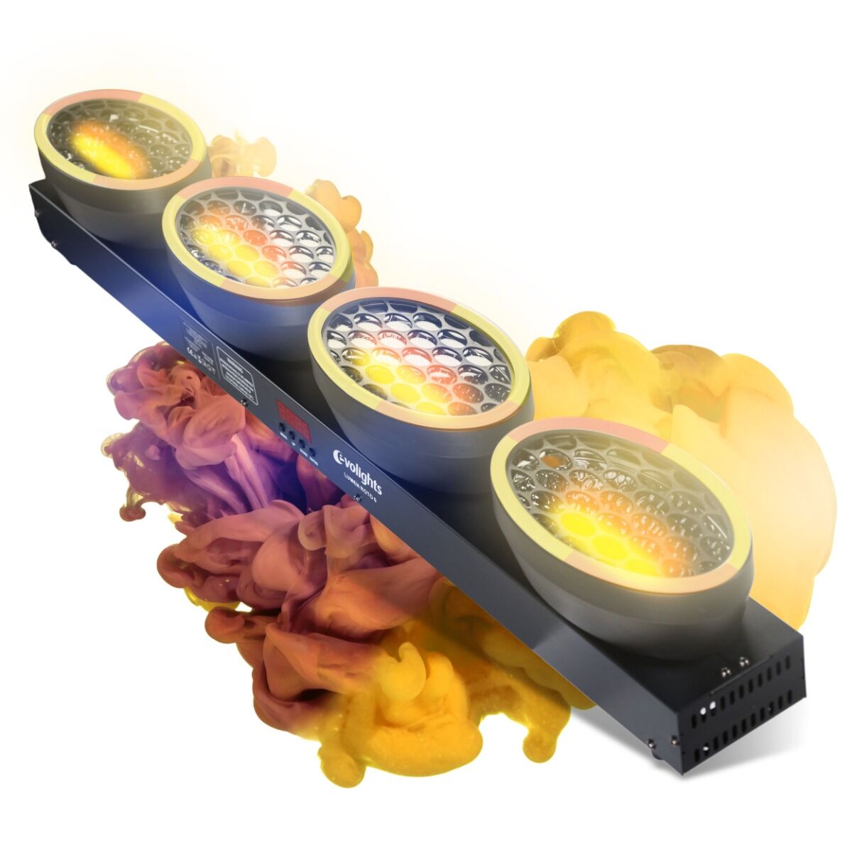 EVOLIGHTS LUMEN ROTO 0 ruchomy efekt oświetleniowy LED DMX nieskończona rotacja 4x40W WW COB + 220x0,2W RGB efekt ring efekt tła 2x uchwyt montażowy omega 2x łącznik do urządzeń