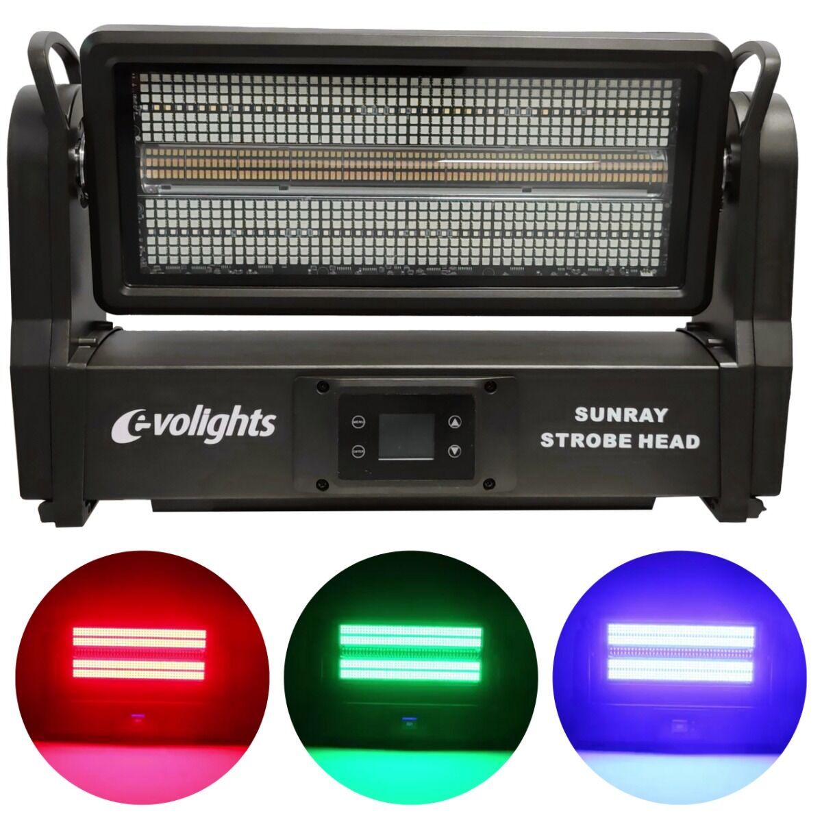 EVOLIGHTS SUNRAY STROBE HEAD ruchomy stroboskop sceniczny IP65 oświetlenie LED efekt świetlny 576x0,2W RGB SMD 5050+336x1W CW/A SMD 3030 2x uchwyt montażowy omega