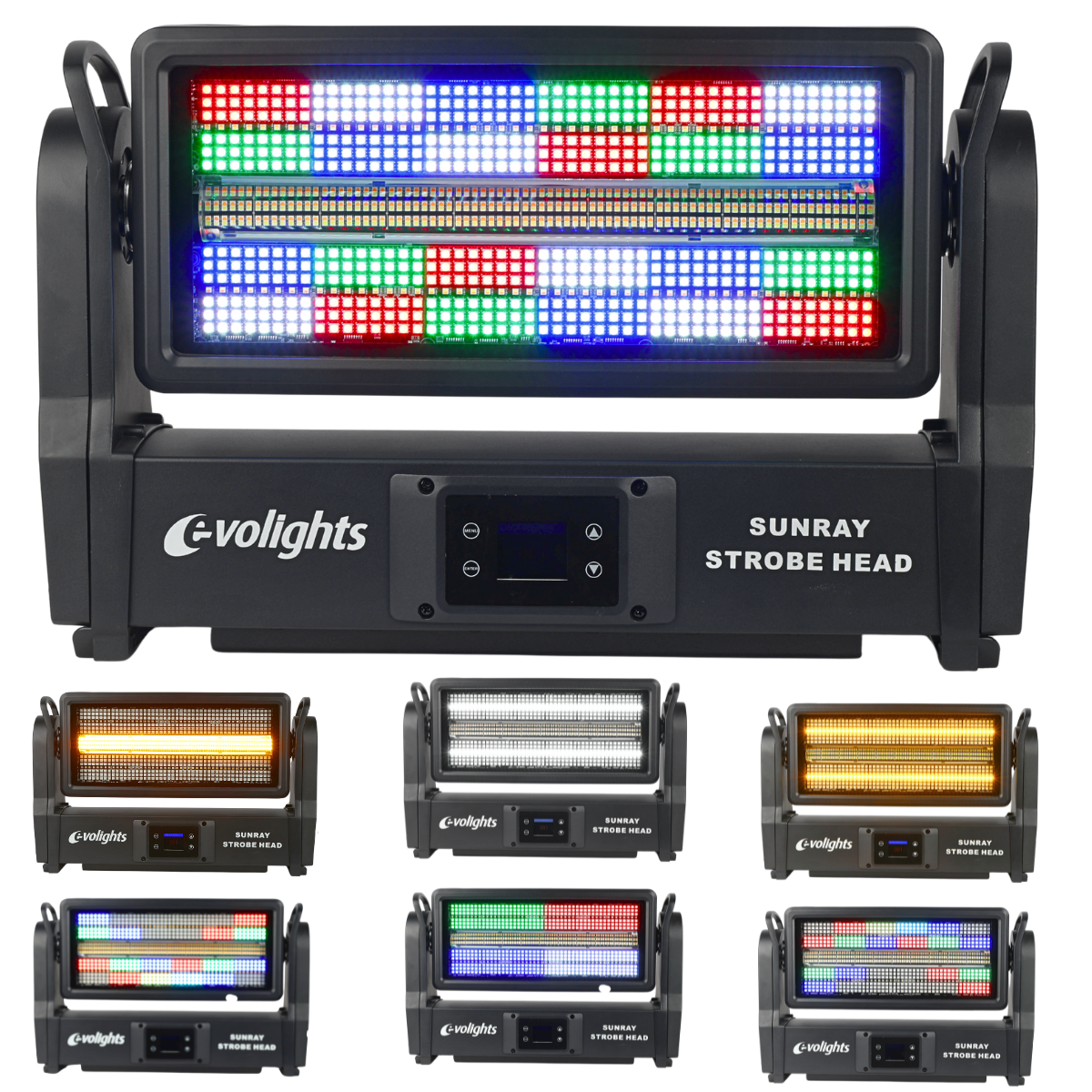 EVOLIGHTS SUNRAY STROBE HEAD ruchomy stroboskop sceniczny IP65 oświetlenie LED efekt świetlny 576x0,2W RGB SMD 5050+336x1W CW/A SMD 3030 2x uchwyt montażowy omega