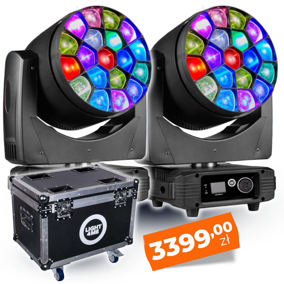 ZESTAW 2X LIGHT4ME GALAXY MKII głowica ruchoma LED wash oświetlenie sceniczne 19x15W LED RGBW + LIGHT4ME GALAXY MKII CASE skrzynia transportowa na 2 głowice ruchome