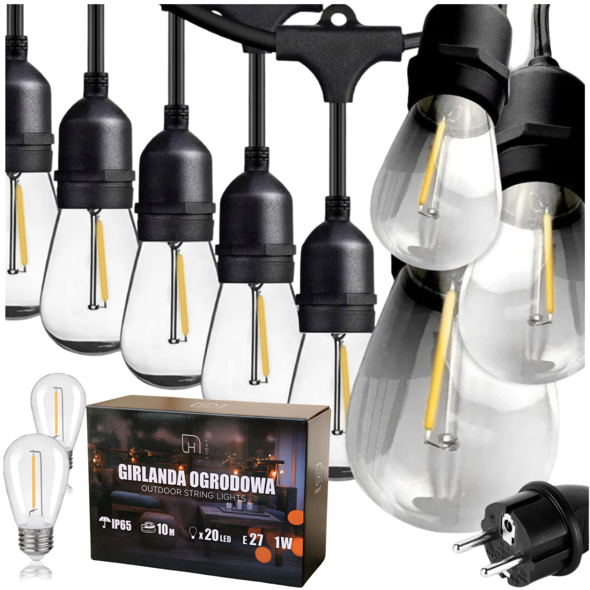 DH Light Girlanda Ogrodowa E27/10/20/1W/IP65 sznur oświetleniowy lampki zewnętrzne 10m 20x żarówka E27 LED 1W ciepła biel pojedynczy żarnik IP65
