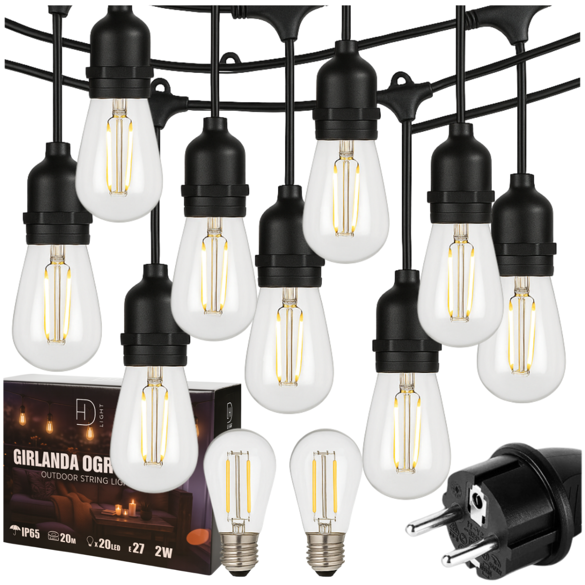 DH Light Girlanda Ogrodowa E27/20/20/2W/IP65 sznur oświetleniowy lampki zewnętrzne 20m 20x żarówka E27 LED 2W ciepła biel podwójny żarnik IP65