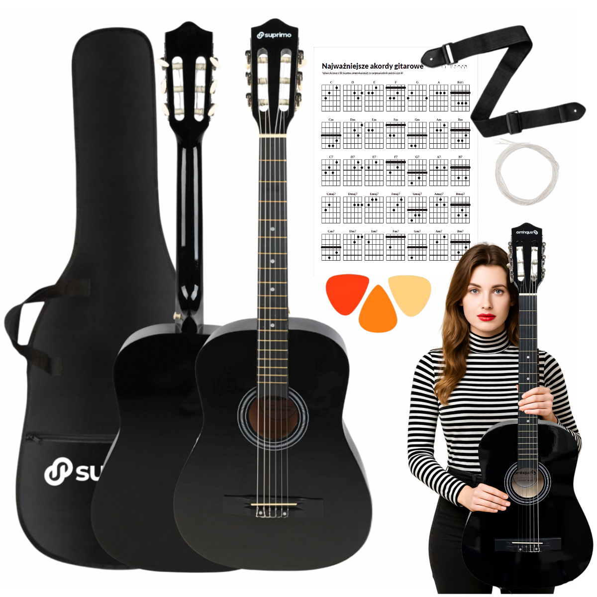 SUPRIMO CGS2 BK gitara klasyczna 4/4 czarna do nauki dla początkujących kostki pasek zapasowe struny pokrowiec akordy zestaw