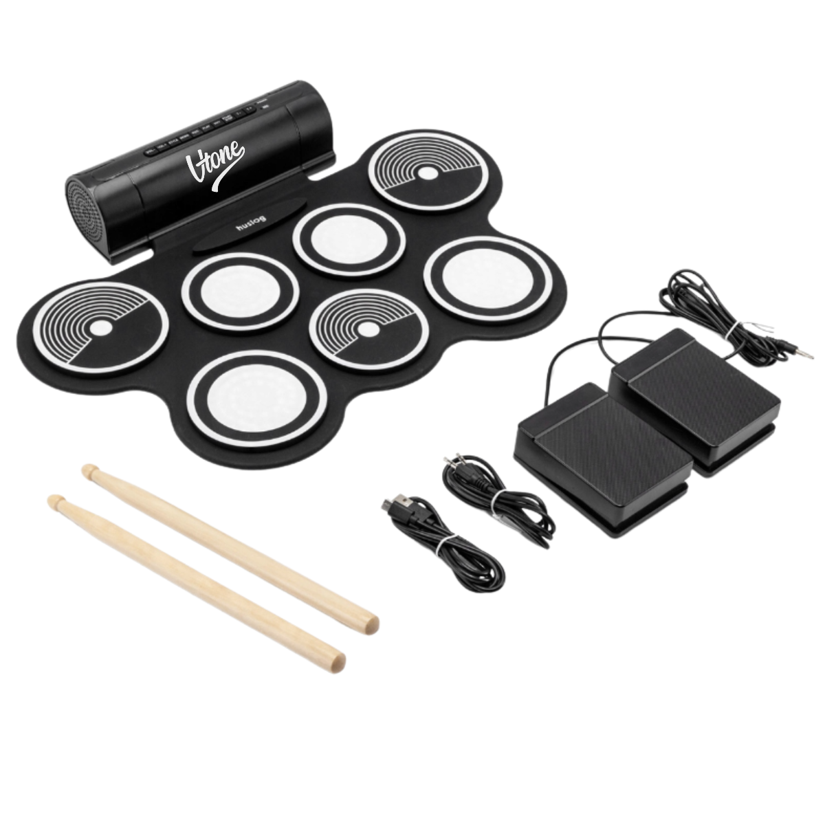 V-TONE RD7 perkusja elektroniczna zwijana USB-C AUX 7 padów pedały pałeczki wbudowane głośniki 2x3W wyjście słuchawkowe zestaw perkusyjny