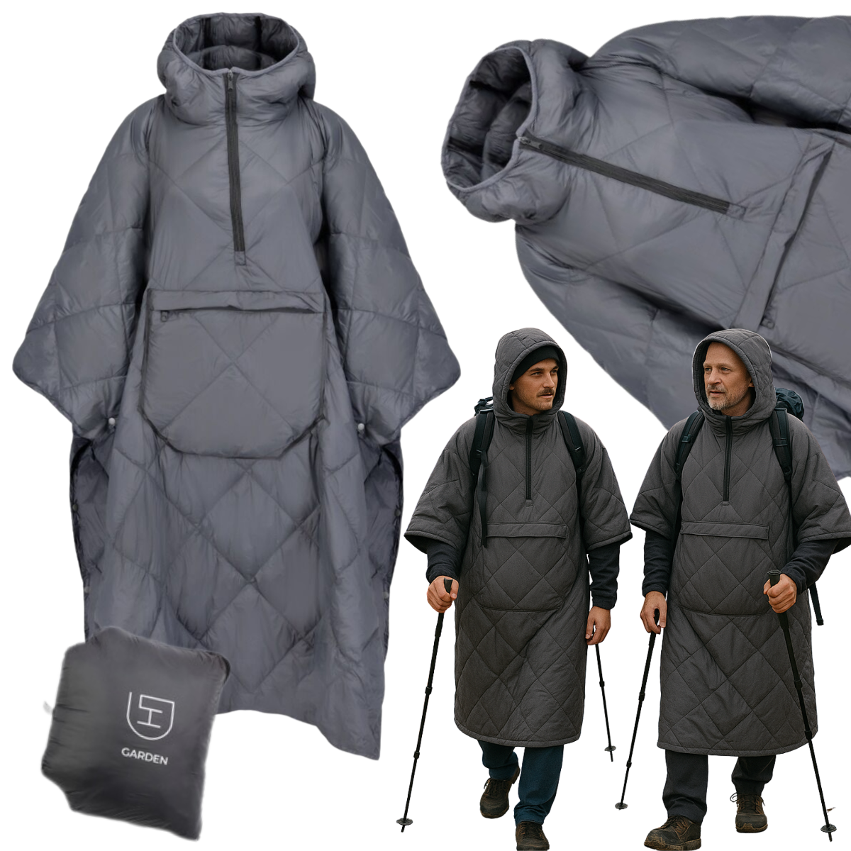 DH Garden Poncho Grey 145x115 cm kurtka płaszcz peleryna z kapturem duża kieszeń na zamek szara