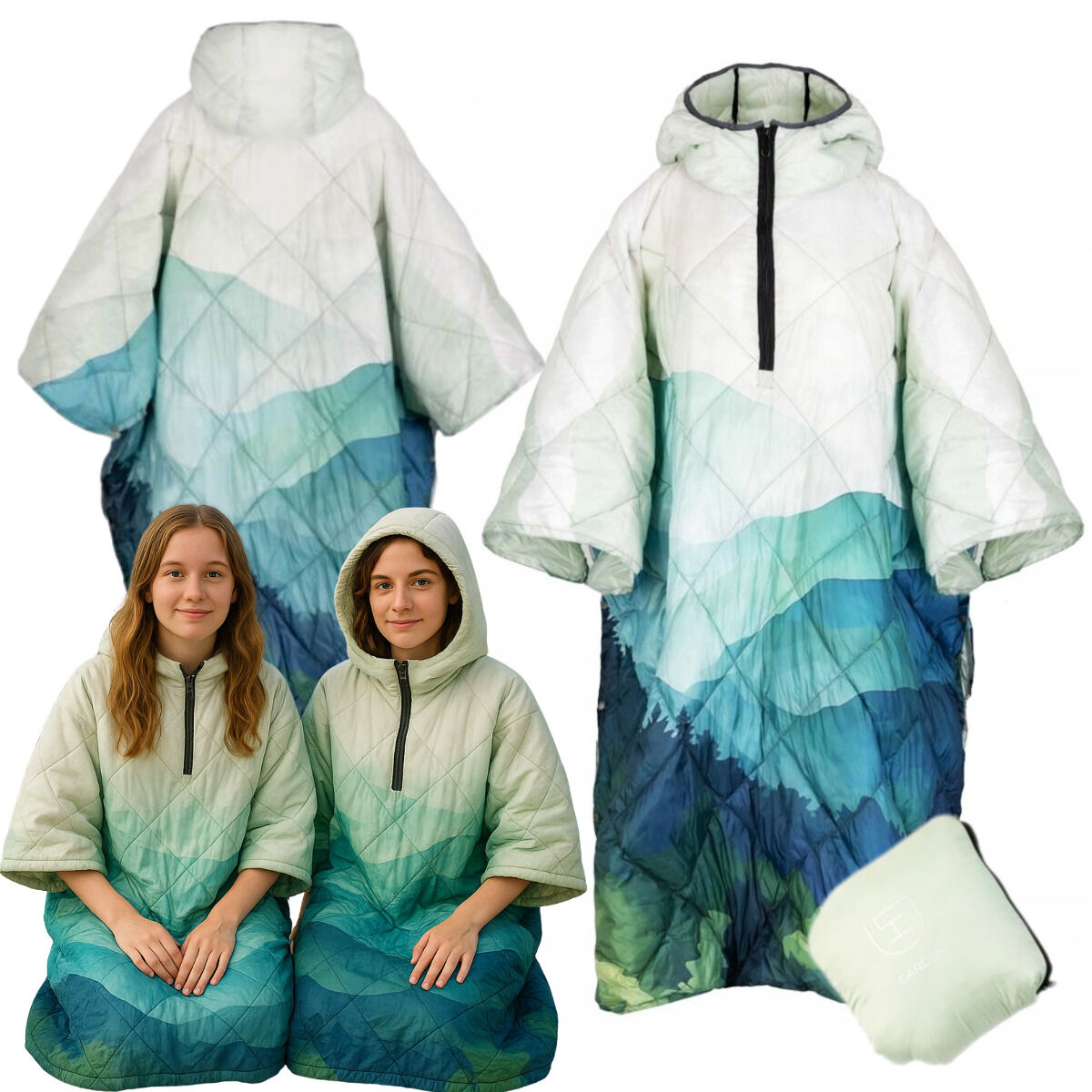 DH Garden Poncho Zielony Las 145x115 cm kurtka płaszcz peleryna z kapturem duża kieszeń na zamek