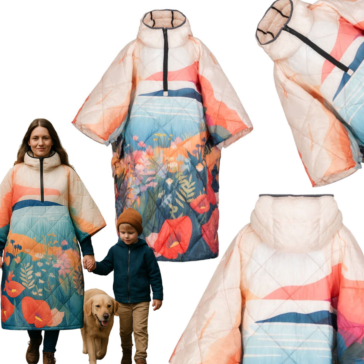 DH Garden Poncho Maki 145x115 cm kurtka płaszcz peleryna z kapturem duża kieszeń na zamek