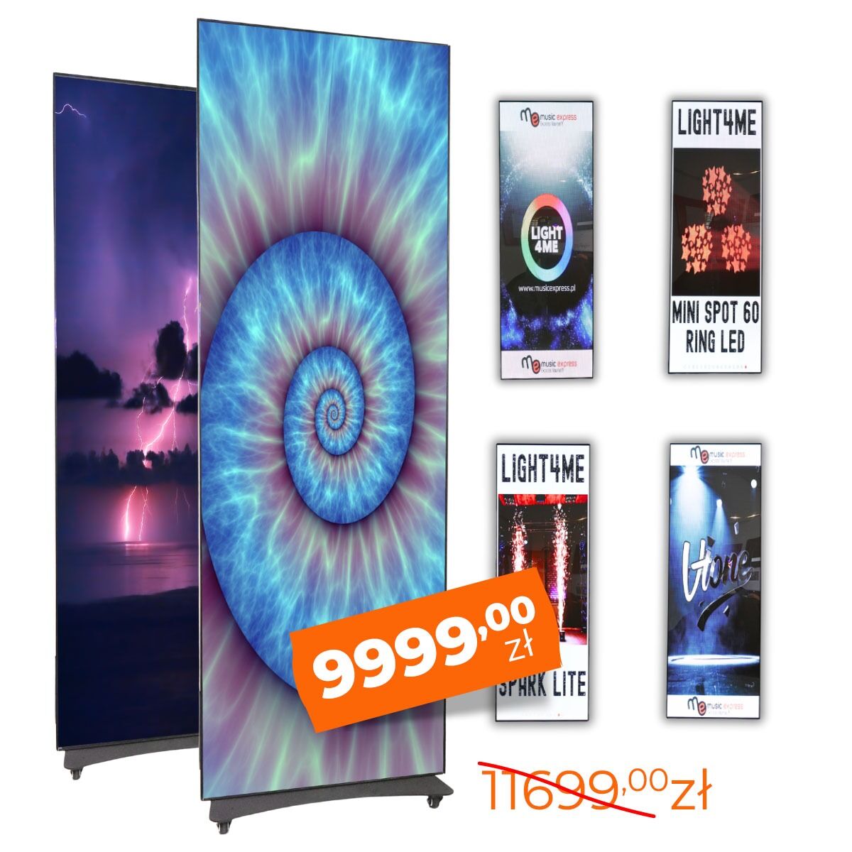 LIGHT4ME LED POSTER 2 ekran LED wyświetlacz wewnętrzny zdalnie sterowany P2.5 256x768 PC USB Wi-Fi Android HDMI zestaw 2 szt. case