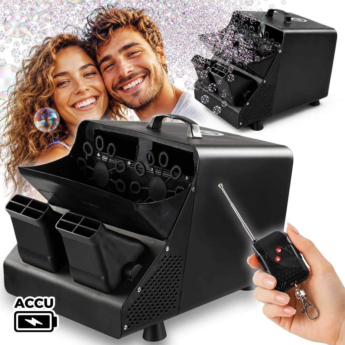 LIGHT4ME BUBBLE BIG ACCU wytwornica generator maszyna do baniek 30W czarna akumulatorowa 6000 mAh pilot bezprzewodowy regulowany kąt emisji praca automatyczna