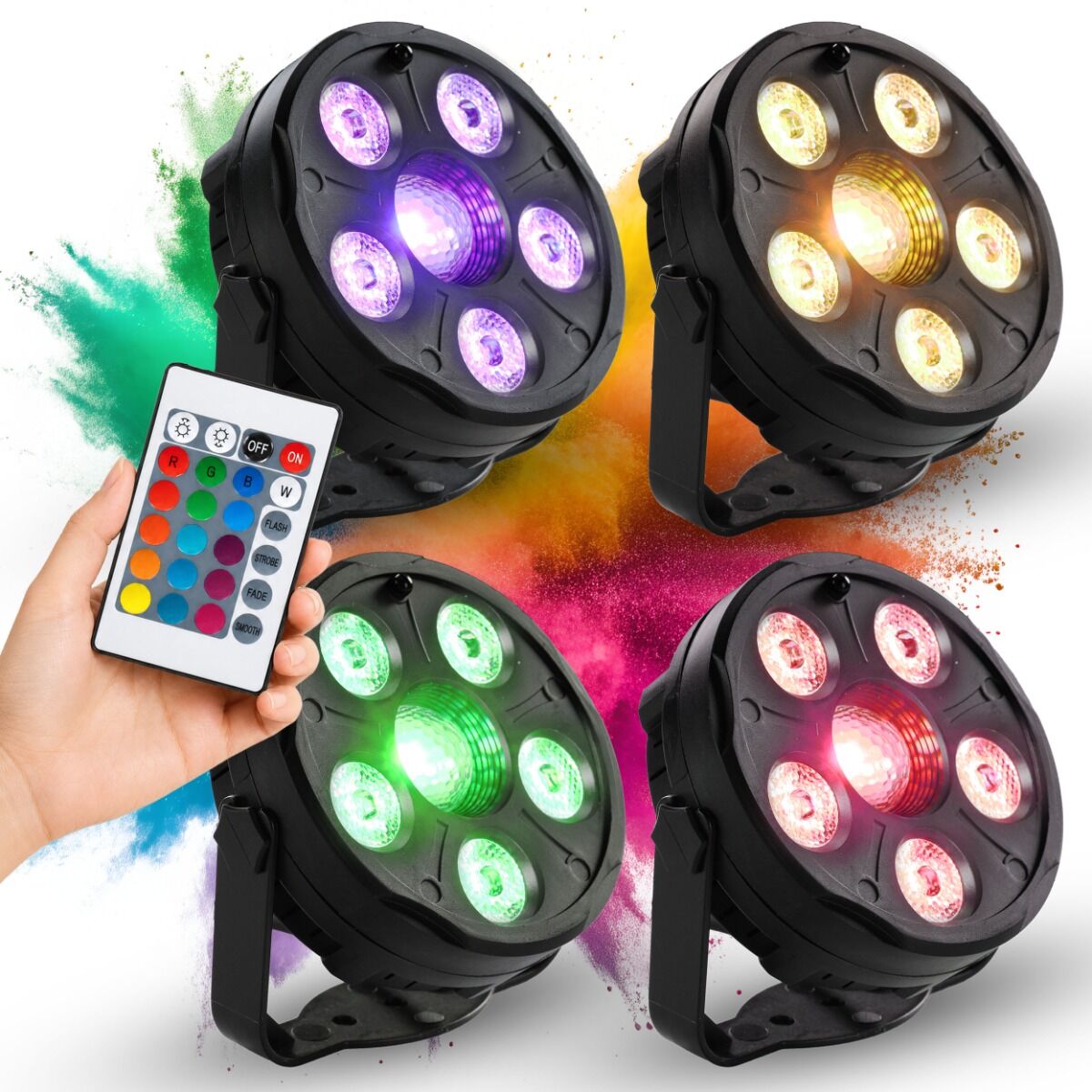 LIGHT4ME 4PAR SET IR zestaw 4 reflektorów PAR LED RGB oświetlenie na imprezę DJ pilot bezprzewodowy uchwyty montażowe zasilanie sieciowe