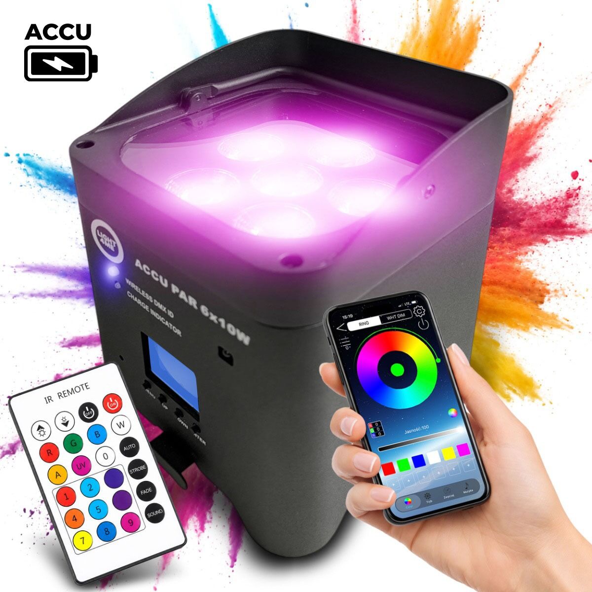 LIGHT4ME ACCU PAR 6x10W RGBWAUV akumulatorowy reflektor par oświetlenie dekoracyjne LED DMX W-DMX Wi-Fi aplikacja mobilna 8800 mAh pilot bezprzewodowy