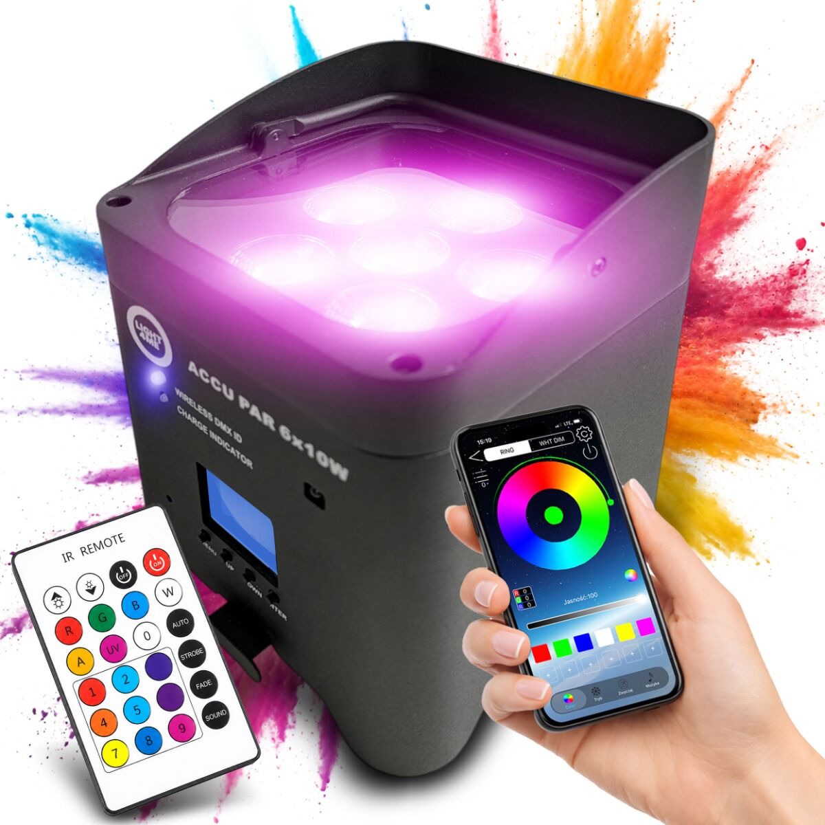 LIGHT4ME ACCU PAR 6x10W RGBWAUV akumulatorowy reflektor par oświetlenie dekoracyjne LED DMX W-DMX Wi-Fi aplikacja mobilna 8800 mAh pilot bezprzewodowy