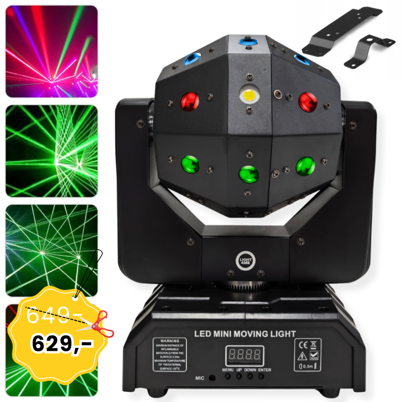 LIGHT4ME ATLAS ruchomy multiefekt świetlny 4w1 LED DMX beam biały stroboskop 16x3W R/G/B/W + 4x15W W LED + 2x100mW laser czerwony +2x50 mW laser zielony uchwyt montażowy