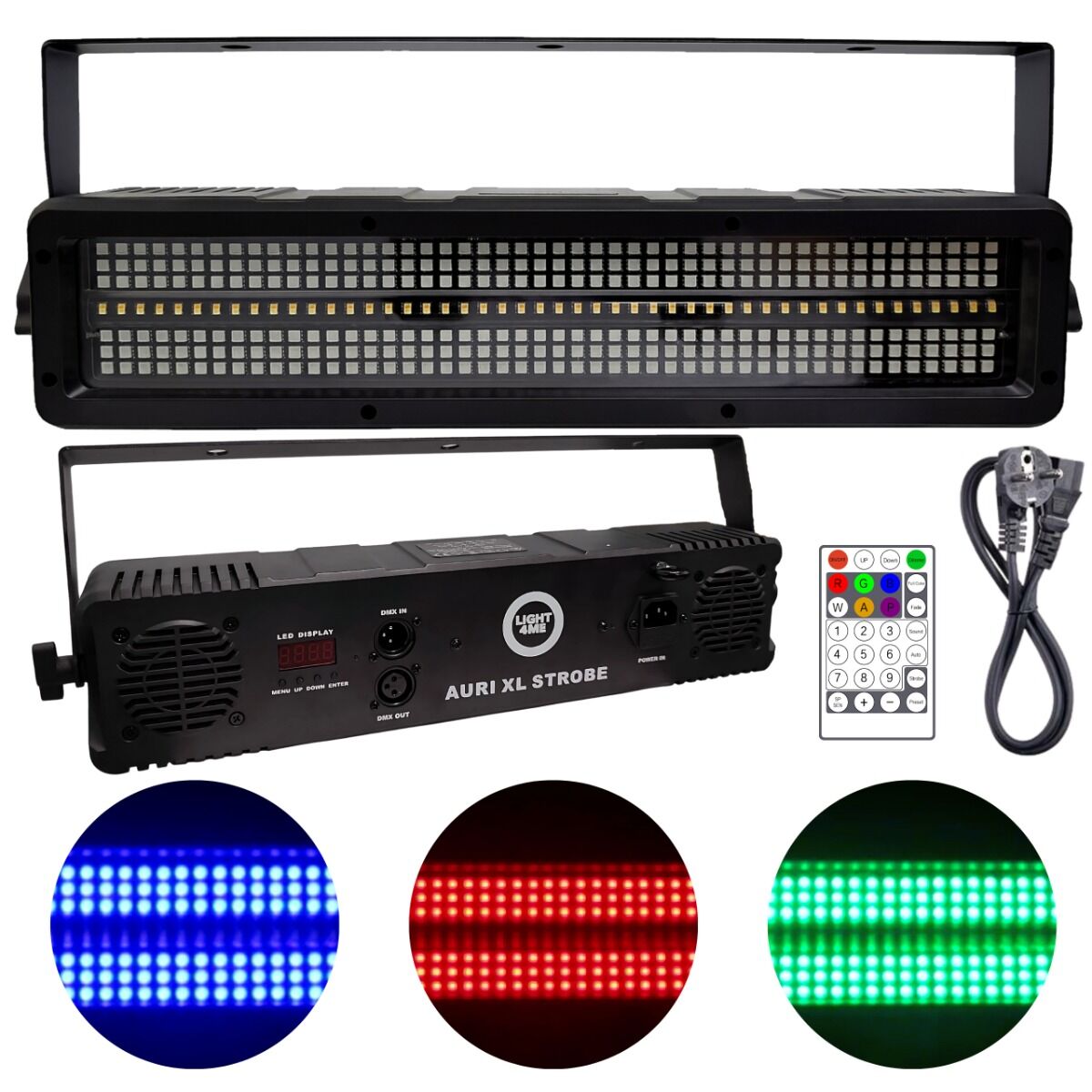LIGHT4ME AURI XL STROBE stroboskop sceniczny LED efekt świetlny 48x1W CW/A SMD3030+288x0,2W RGB SMD5050 pilot bezprzewodowy uchwyt montażowy 