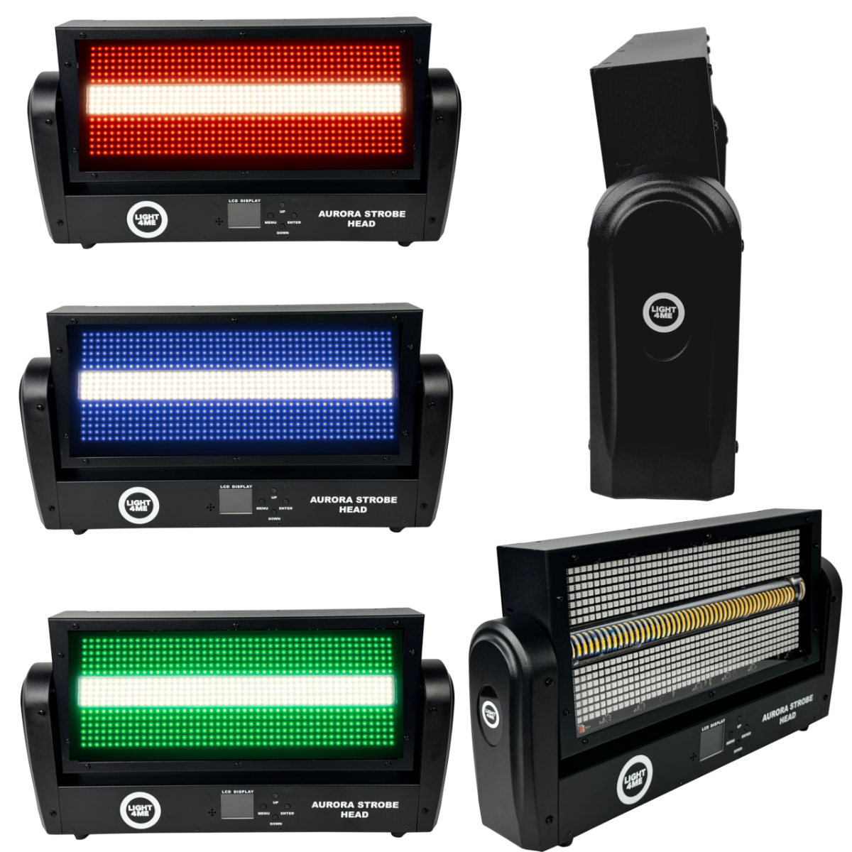 LIGHT4ME AURORA STROBE HEAD ruchomy stroboskop sceniczny oświetlenie LED efekt świetlny 672x0,2W RGB SMD5050+144x1W WW SMD3030 2x uchwyt montażowy omega