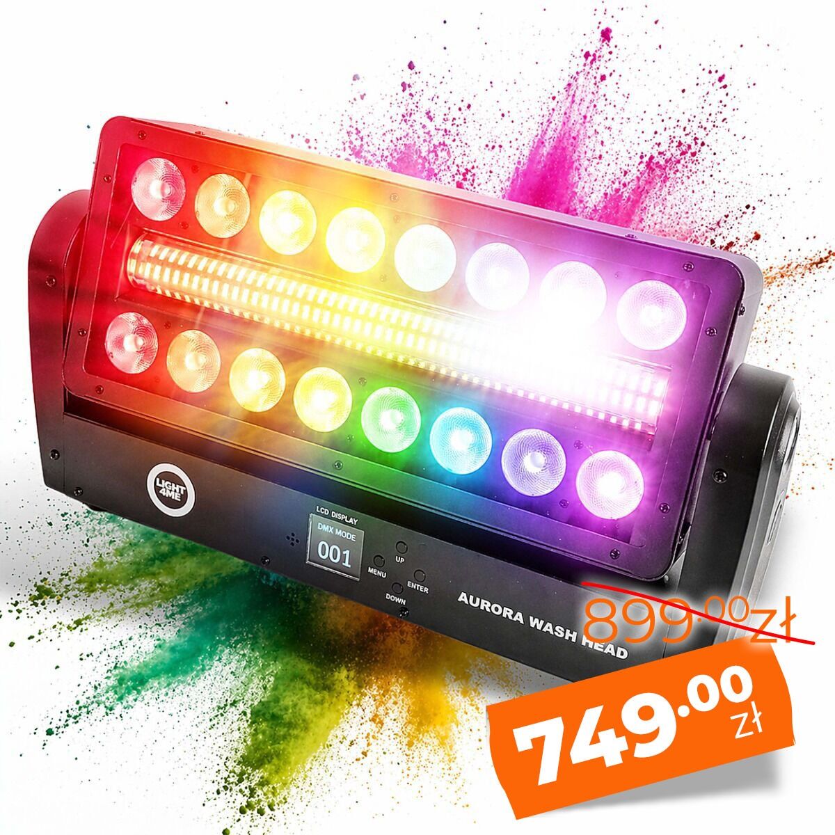 LIGHT4ME AURORA WASH HEAD ruchomy efekt oświetleniowy oświetlacz wash oświetlenie sceniczne LED DMX 16x12W RGBW + 144x1W CW/A 2x uchwyt montażowy omega
