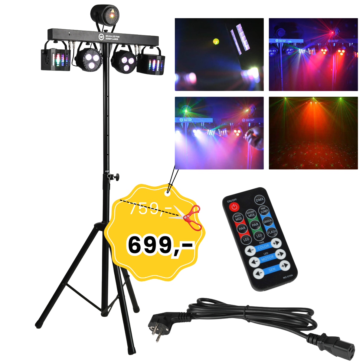 LIGHT4ME BELKA LED PAR DERBY LASER multiefekt świetlny zestaw oświetlenie disco